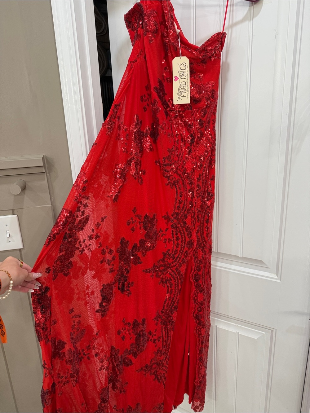 Fitted Red Sequin Prom Dress with Sheer Lace Overlay